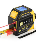 4 In 1 Laser Tape Measure All In One With 131Ft Laser Distance Meter 16Ft AutoLock Tape Cross Line Laser Level Pro Grade Dual Axis Electronic Angle LCD Display Built For DIY And Construction Projects, black and yellow with tape extended
