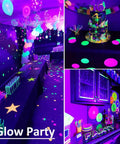 Glow party setup with 60ft Black Light String Lights With 240 LEDs For Lit Glow Parties Bedroom Decor And Fluorescent Poster Art