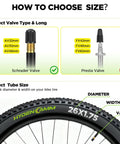 Infographic showing how to choose bike tube size and valve type, featuring Schrader and Presta valves.