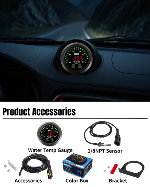 Dual Alert Water Temperature Gauge With 1 Eighth NPT Sensor And Bracket 300F Digital LED Display For Cars Trucks Boats And Marine Applications 52mm 2 Inch Mount Real Time Cooling Temp Monitor For Your Ride installed in car dashboard