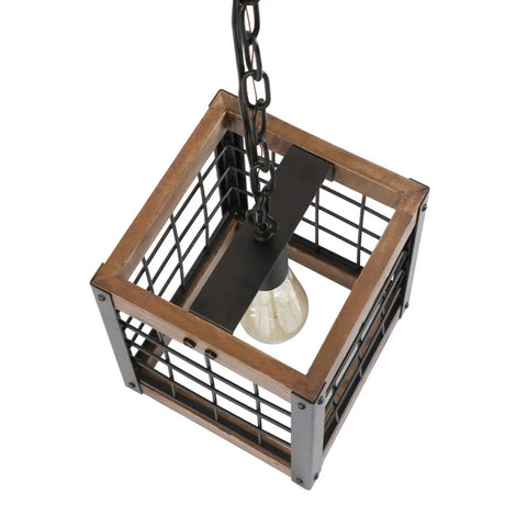Top view of Rustic Wood Kitchen Island Chandelier with metal frame and chain, featuring one of five glass shades, UL listed