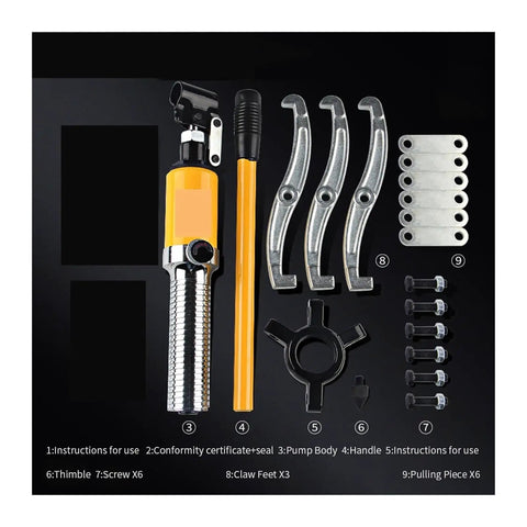 Heavy Duty 3 Jaw Hydraulic Gear Puller Set Built Tough For Dragging Off Worn Bearings And Yanking Stuck Seized Cylinders Up To 20 Ton Capacity Rock Solid Shop Rig parts layout with pump body and claw feet.