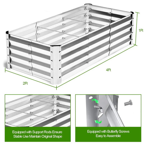 Galvanized Raised Garden Bed Kit 4 By 2 By 1 Foot Big Ol Bottomless Metal Planter Box with support rods and screws shown