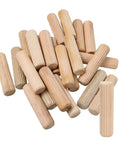 Wooden Dowel Pins Pack Of 120 Three Eighths Inch By One And A Half Inch Straight Grooved Pins With Beveled Ends Tapered For Furniture Doors And Art Projects Hardwood Durable And Easy To Use For Quick Fixes And Craft Builds DIY Friendly scattered on a white background.