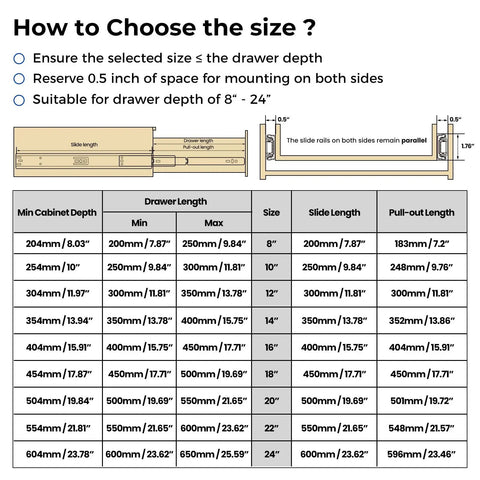 Size chart for 16 Inch Heavy Duty Drawer Slides Side Mount For Cabinets And Dressers, 100 Lb Capacity, 2 Pairs