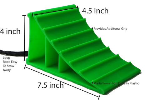 Heavy Duty Wheel Chocks Built Tough To Lock Your Rig Down Non Slip Safety Blocks For Rvs Trucks Trailers Campers Cars And Boats High Density Polypropylene Pair, 4x7.5 inch green chock with grooved tread.
