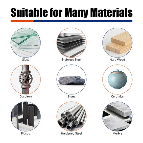 Die grinder burr set, 10 pcs with 1/4 in shank; tungsten carbide bits for metal/stone/wood; material icons infographic