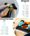Man using 18 Gauge Pneumatic Brad Nailer And Crown Stapler Two In One Kit for DIY with measurements shown next to tools.