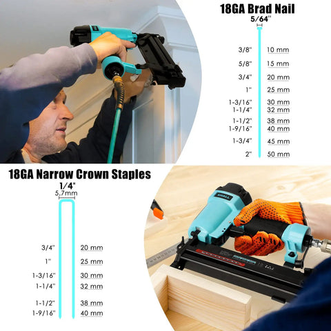 Man using 18 Gauge Pneumatic Brad Nailer And Crown Stapler Two In One Kit for DIY with measurements shown next to tools.