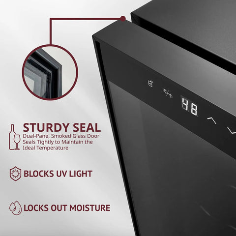 Close-up of Thermoelectric 10 Bottle Wine Cooler For Red And White Wines With Digital Temperature Display, showing smoky glass door seal.