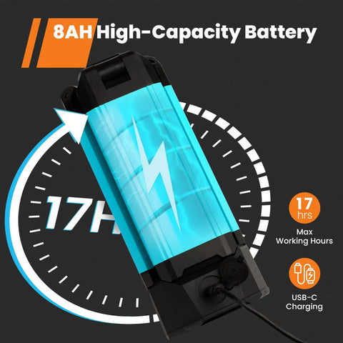 8Ah battery with clock icon showing 17 hours, USB-C charging symbol for Rechargeable Work Light With Stand Cordless Triple LED Lamp System