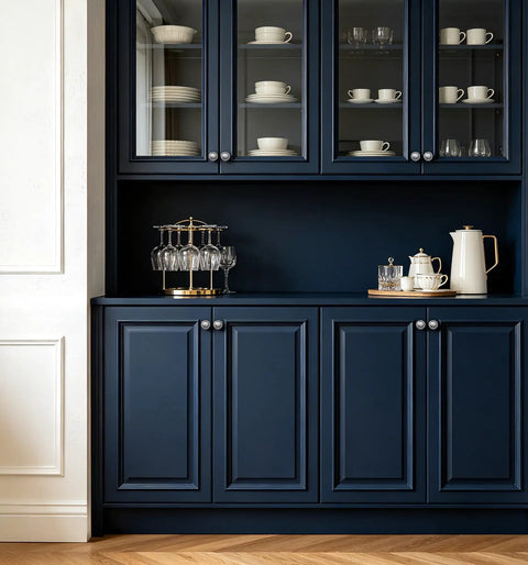 Dark blue kitchen cabinets with 10 Pack 1-1/4 Inch Brushed Nickel Solid Zinc Alloy Euro Style Cabinet Knobs And Drawer Pulls.