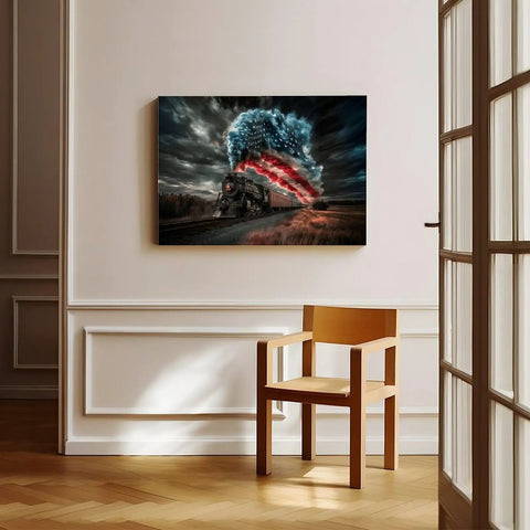 All American Vintage Train Canvas Print With American Flag Steam Locomotive, Framed Wall Art for living room, 18x12 inch
