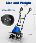 Powerful Corded Garden Tiller Cultivator With 14 Amp Motor, 18 Inch Till Width, 8 Inch Deep Dig, showing size and weight
