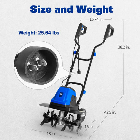 Powerful Corded Garden Tiller Cultivator With 14 Amp Motor, 18 Inch Till Width, 8 Inch Deep Dig, showing size and weight