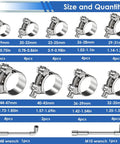 Heavy Duty T-Bolt Hose Clamps Set 34-Piece Assortment 17-47mm In 304 Stainless Steel With M8 And M10 Socket Wrenches Included For Auto Marine And Home DIY, showing size and quantity chart