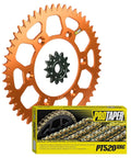 Orange Race Spec Front And Rear Sprocket Set With PT520XRC X Ring Chain Kit 120 Links 13 Tooth Front 51 Tooth Rear For KTM 125 500 EXC MXC SX SXF XC XCF XCW showing orange sprocket and black front sprocket with Pro Taper chain package