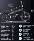 Diagram of a Foldable 20 Inch Fat Tire Electric Bike for Adults with 1200W Peak Motor and 48V Battery, showing measurements.