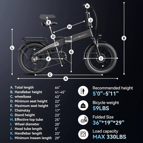 Diagram of a Foldable 20 Inch Fat Tire Electric Bike for Adults with 1200W Peak Motor and 48V Battery, showing measurements.