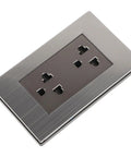 Top Shelf Six Gang Wall Outlet With Fast Charge Usb Ports And Polished Stainless Steel Faceplate top view of sleek outlet design.