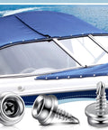 Heavy Duty Marine Boat Cover Snaps 24 Pack Stainless Steel 3/8 Inch Socket Studs on boat cover with blue canvas.