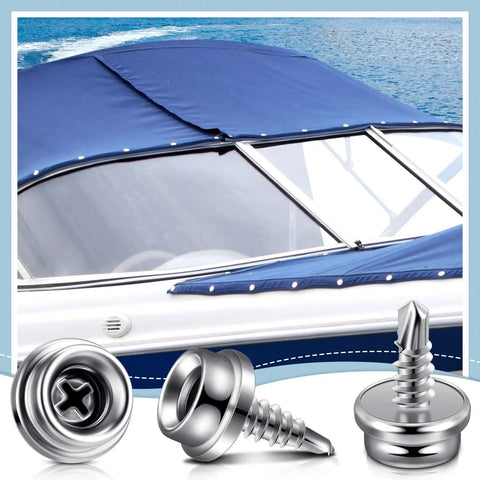 Heavy Duty Marine Boat Cover Snaps 24 Pack Stainless Steel 3/8 Inch Socket Studs on boat cover with blue canvas.