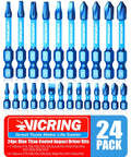 Heavy Duty Magnetic Impact Driver Bit Set With Blue Titanium Coated S2 Steel For Tough Jobs One Quarter Inch Hex Shank 24 Pieces