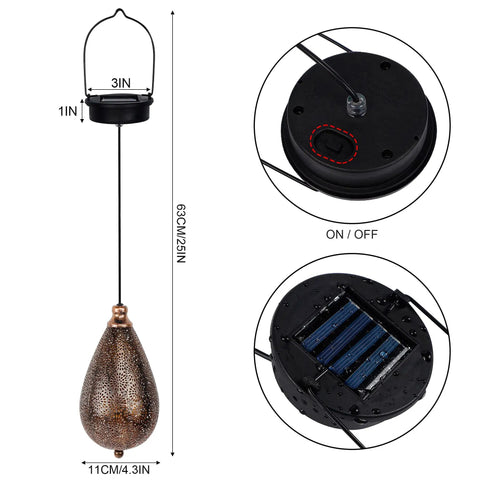 2 Pack Solar Hanging Lanterns With Raindrop Shape, Warm White LED Glow, Retro Iron Antique Bronze Finish, dimensions and details