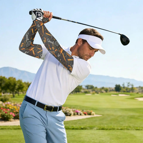 Cooling Arm Sleeves With Upf Fifty Plus Uv Blocking And Breathable Moisture Wicking Material For Running Cycling And Yard Work Flexible Compression Guards on golfer