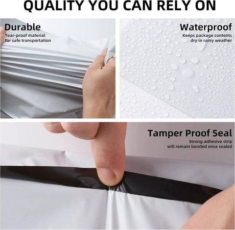 Waterproof Poly Mailers No Fuss Self Sealing Shipping Envelopes 14 By 19 Inches 500 Count Keeps Shirts Towels Bedding Paper Wood Safe From Rain Dust Stains showing durability and tamper-proof seal features.