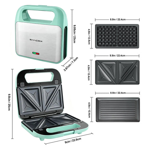 Keinve 3 In 1 Sandwich Maker Waffle Press And Panini Grill With Non Stick Plates showing closed and open positions with plates.