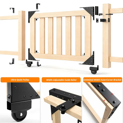 Heavy Duty Sliding Gate Kit With Anti Sag Fence Hardware Roll Wheels And Latch Universal Corner Braces For 1 To 2 Inch Wood Gates, wood gate kit with rollers and corner braces