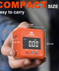 Person holding Backlit Digital Angle Gauge With Magnetic Base For Woodworking And Construction Compact Protractor Inclinometer Tool