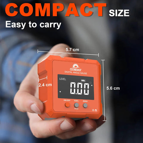 Person holding Backlit Digital Angle Gauge With Magnetic Base For Woodworking And Construction Compact Protractor Inclinometer Tool
