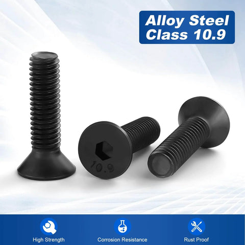 M3 0.5 X 10mm Flat Head Socket Cap Screws Countersunk Bolts Alloy Steel Class 10.9 Black Oxide Finish DIN 7991 Fully Threaded