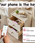 Zero Hassle Smart Cabinet Locks For Baby Proofing Featuring Concealed Install And Drill Free Setup RFID NFC Bluetooth Keyless Drawer Fastener Keeps Kiddos Locked Tight Straight Up Pink with smartphone unlocking drawer.