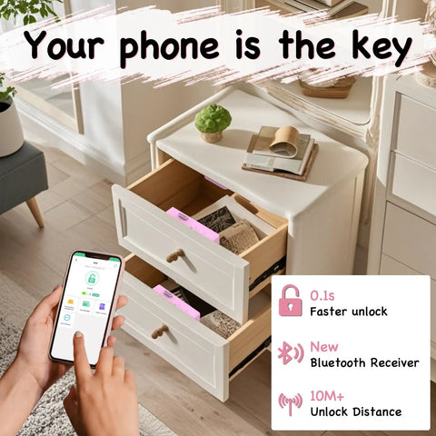 Zero Hassle Smart Cabinet Locks For Baby Proofing Featuring Concealed Install And Drill Free Setup RFID NFC Bluetooth Keyless Drawer Fastener Keeps Kiddos Locked Tight Straight Up Pink with smartphone unlocking drawer.