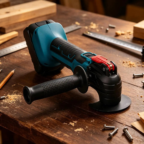 Cordless Battery Angle Grinder With Variable Speed And Low Vibration Ergonomic Handle crafted for paint scraping on a wood table.