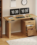 63 Inch Electric Height Adjustable Standing Desk With Smooth Glide Motor Built In Filing Cabinet And Roomy Storage Shelves Oak Brown Finish in home office setup