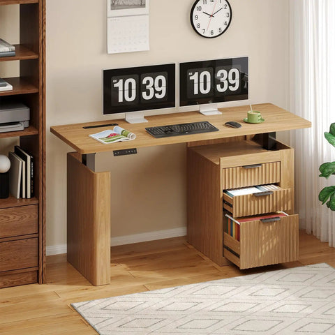 63 Inch Electric Height Adjustable Standing Desk With Smooth Glide Motor Built In Filing Cabinet And Roomy Storage Shelves Oak Brown Finish in home office setup