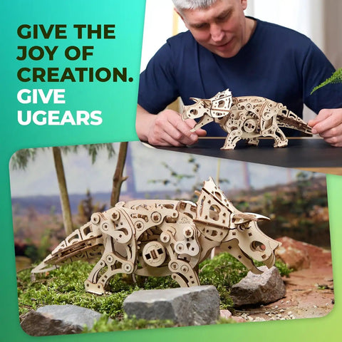 Triceratops 3D Puzzle Wood Model Kit For Adults Mind Bending Dino Automaton Builder Dinosaur Figure Hobby Set 5.6 Inch Tall Engaging Brain Teaser Craft Project, wooden triceratops model