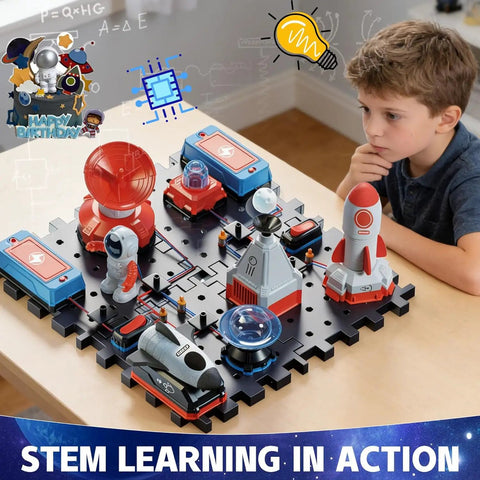 Child exploring Kids Electronics Circuit Kit For Ages 6 And Up, 32 Piece Exploration Set With rockets and astronaut figures
