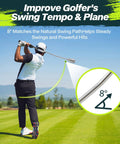 Golfer using Weighted Golf Swing Trainer and Grip Trainer for Indoor Practice on a sunny golf course with 8° swing path.