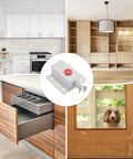 Push Button Spring Loaded Latch Four Pack White Quick Release Cabinet Catch Door Hardware For Drawers Cupboards Toolboxes And Storage Trunks No Sweat Setup Snappy Release Pretty Darn Secure Locking displayed in a modern kitchen and drawer.