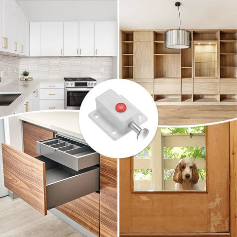 Push Button Spring Loaded Latch Four Pack White Quick Release Cabinet Catch Door Hardware For Drawers Cupboards Toolboxes And Storage Trunks No Sweat Setup Snappy Release Pretty Darn Secure Locking displayed in a modern kitchen and drawer.