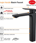 Image of a tall vessel sink faucet with matte black finish, brass material, featuring a single handle and modern design.