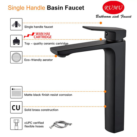 Image of a tall vessel sink faucet with matte black finish, brass material, featuring a single handle and modern design.