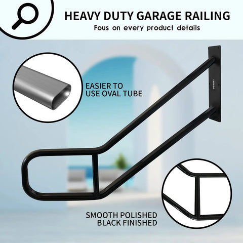 Sturdy Outdoor Step Handrail With Wall Mount Polished Black Oval Tube 0.8x1.6 Inch 31.2 Inch Length No Slip Up And Down