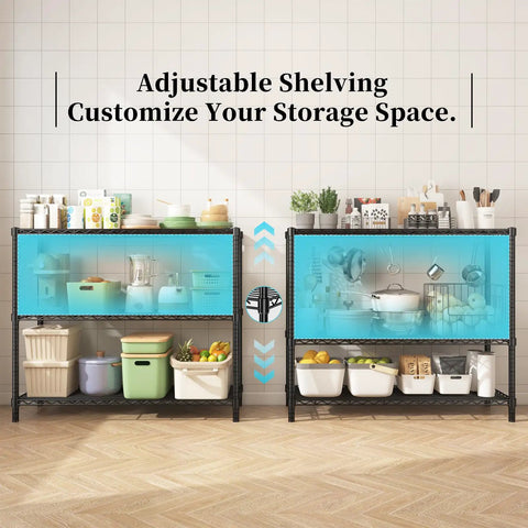 Beefy 3 Tier Wire Shelving Unit With 1200 Lbs Total Capacity And 400 Lbs Per Shelf in kitchen with adjustable shelves