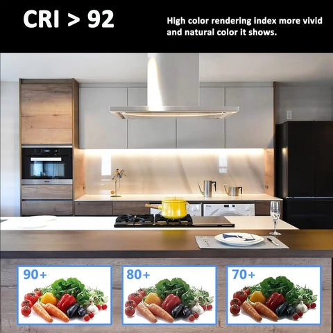 Kitchen illuminated by Ultra Bright 24V White LED Strip 16.4ft 6000K Cool White, CRI 92 Plus, showing food color accuracy.